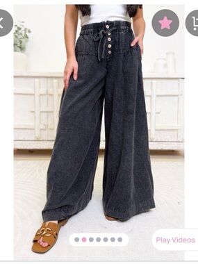 Women’s High-Waist Wide Leg Pants- Mineral Washed Black Color